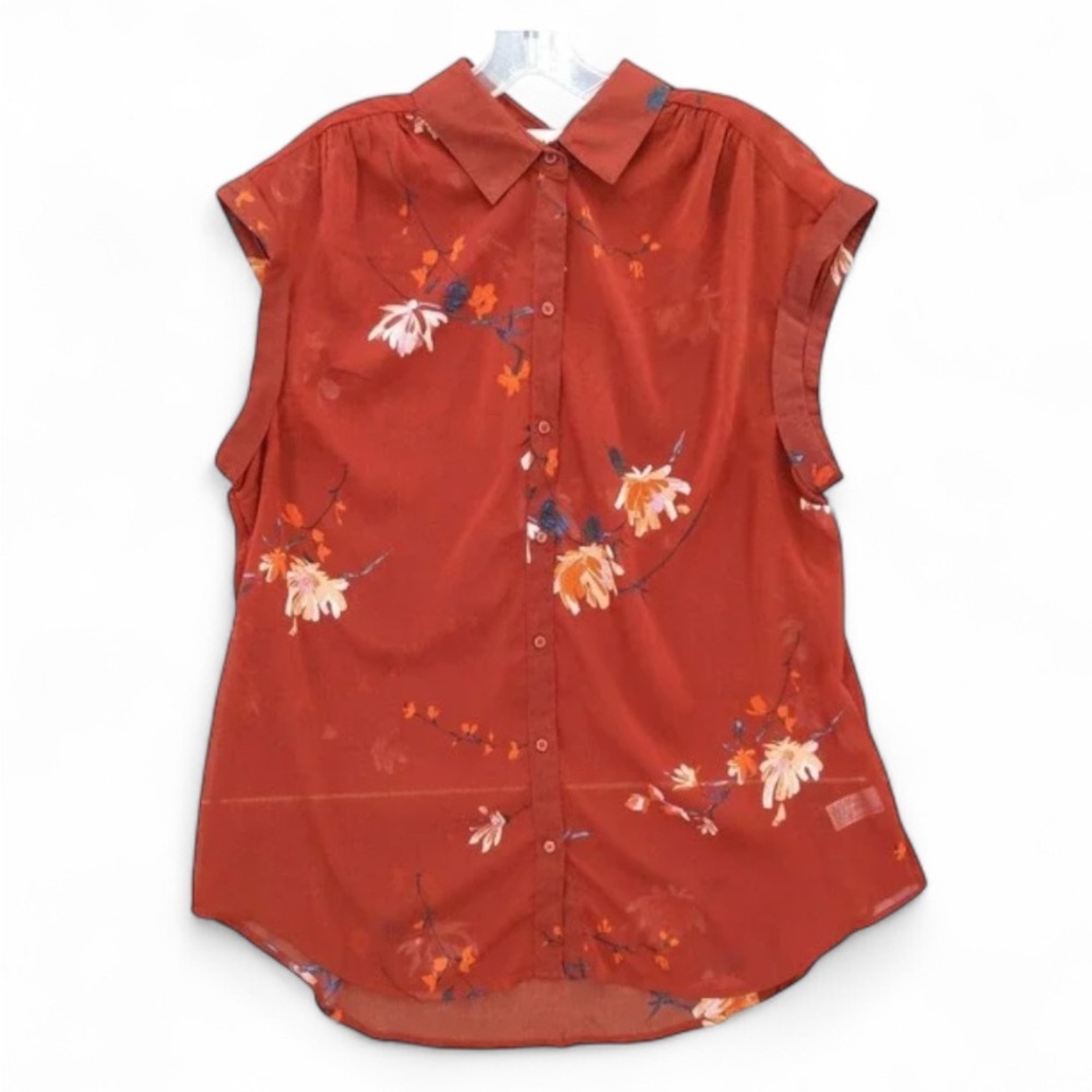 🌙 AVA & VIV Floral Print Sheer Sleeveless Button Blouse - Picture 1 of 5
